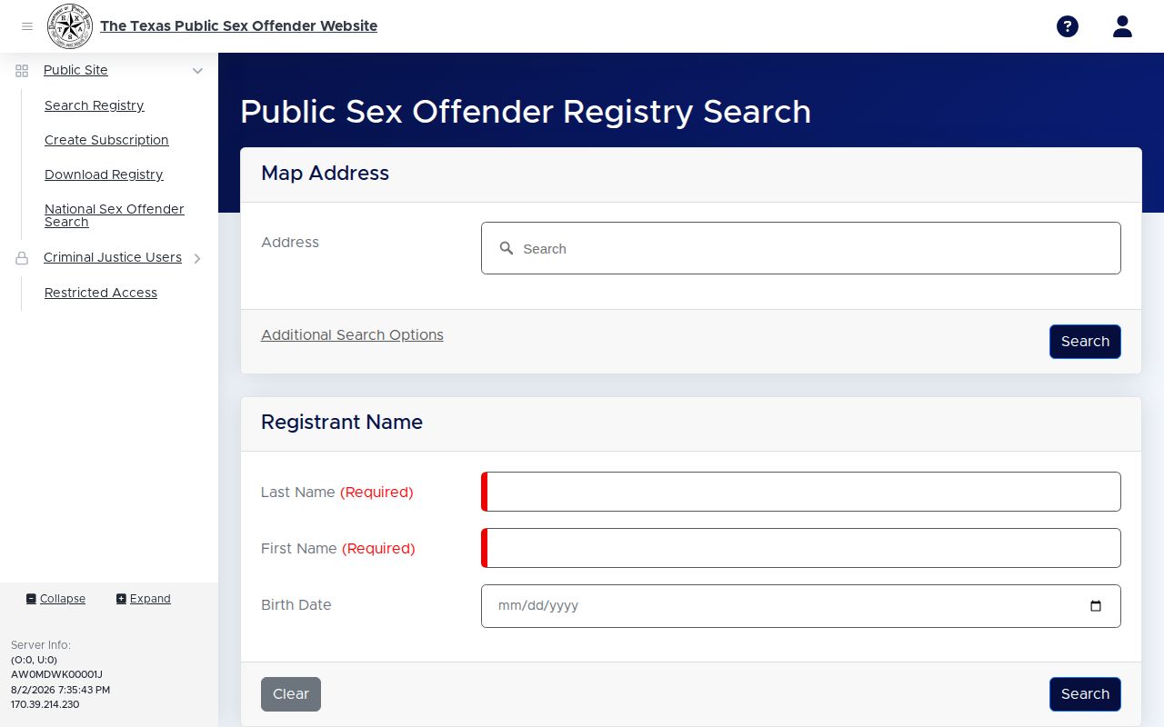 Texas DPS registry search with official photo fields