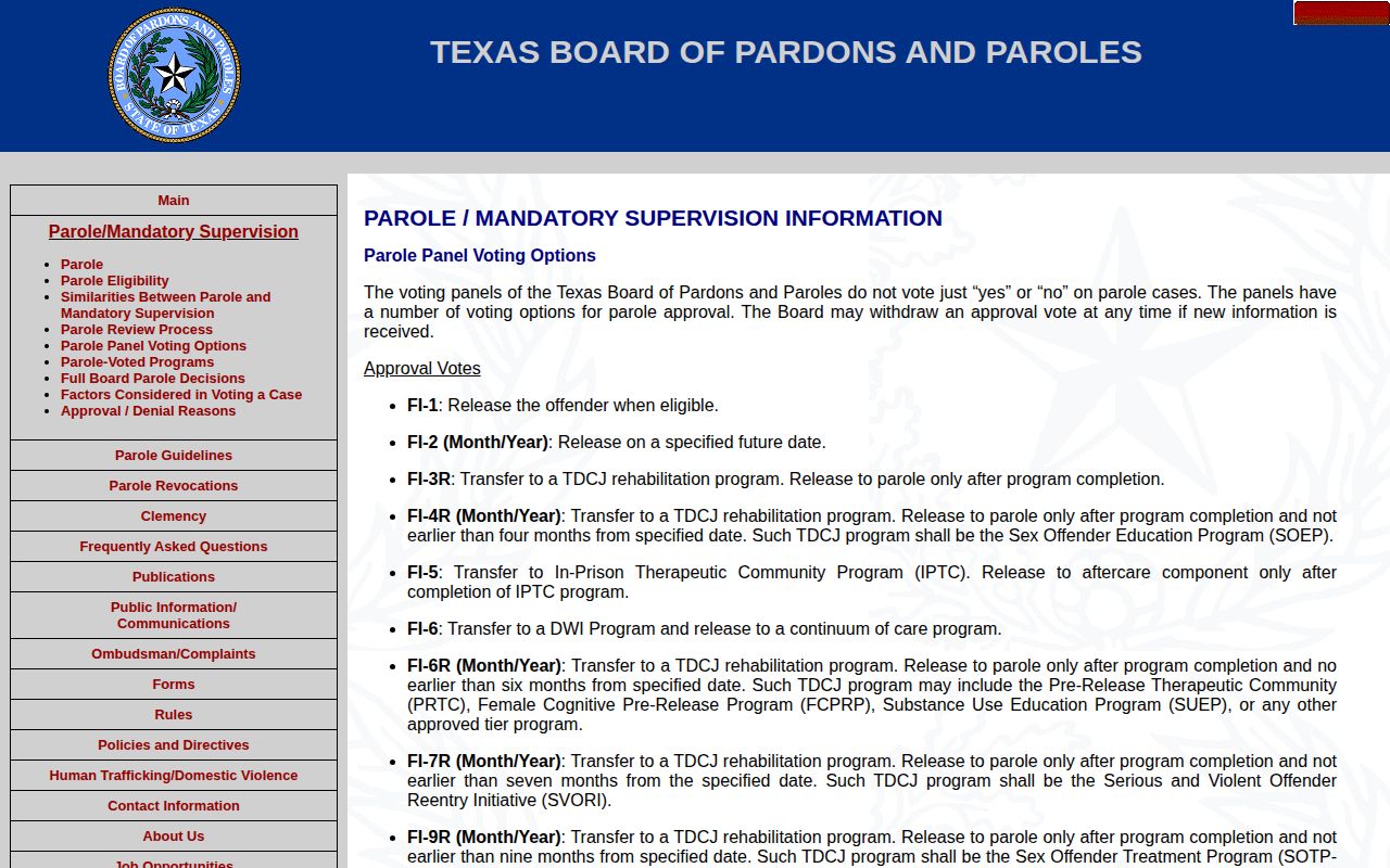 Texas Board of Pardons and Paroles vote option definitions