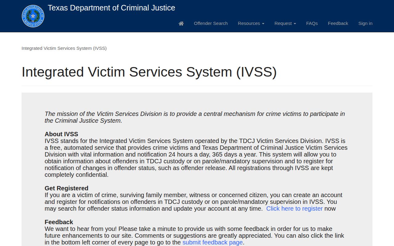 Texas TDCJ Integrated Victim Services System portal