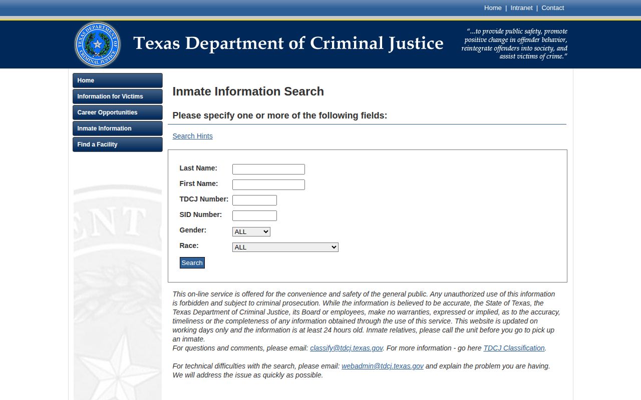 TDCJ offender search fields for Hardin County release checks