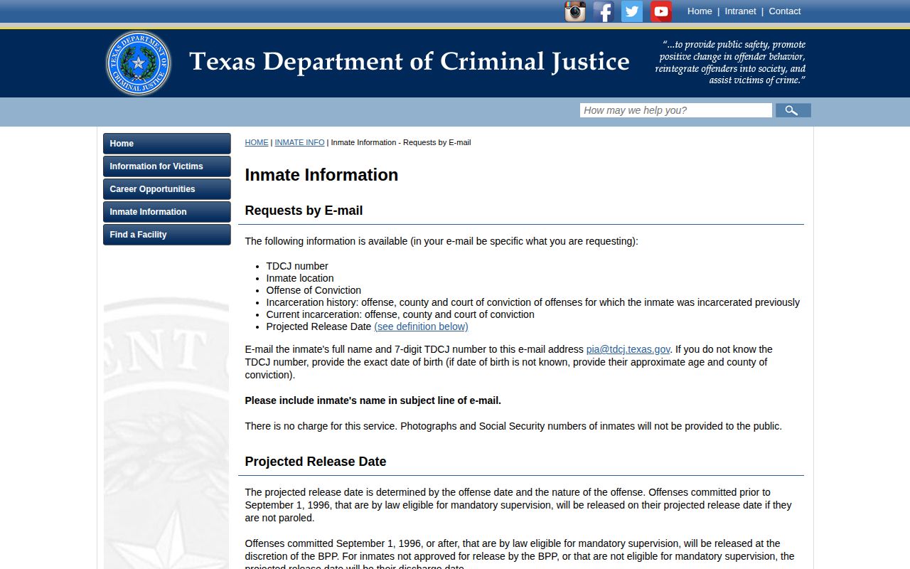 TDCJ email request page for incarceration and projected release information